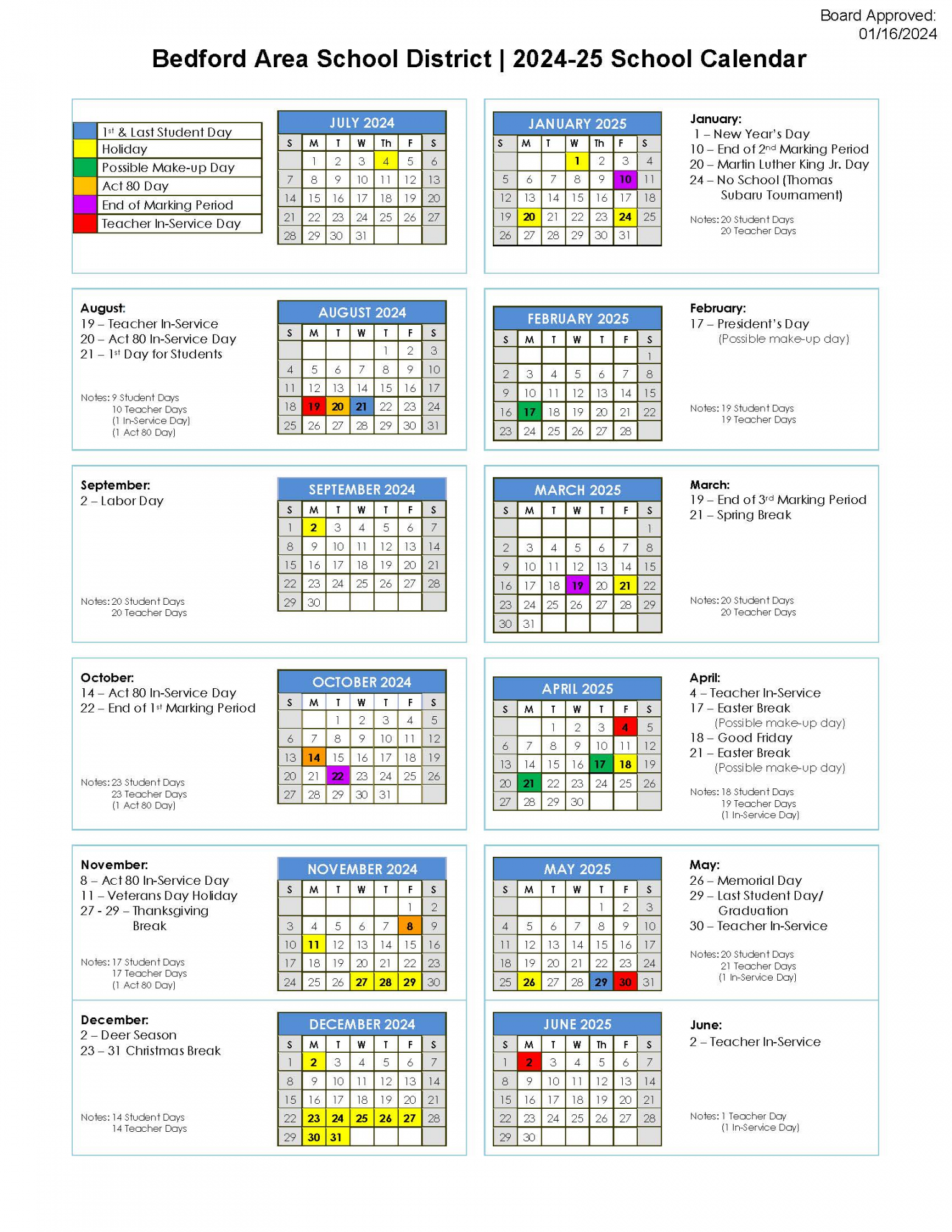 SCHOOL DISTRICT CALENDAR  Bedford Area School District