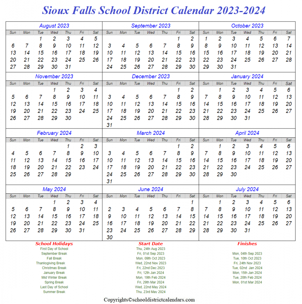 Sioux Falls District Calendar